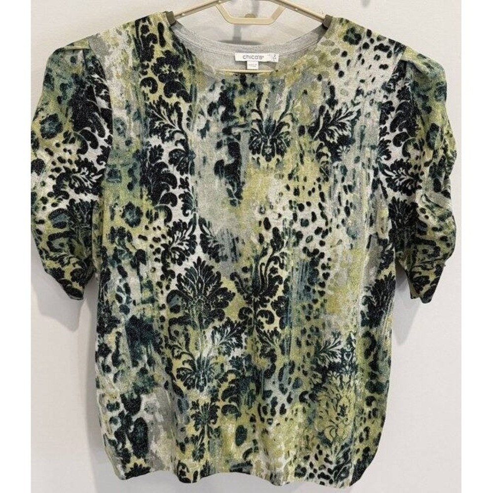 Chicos‎ Womens Sweater Sparkle Green Gray Print Ruched Short Sleeves Size 2 L